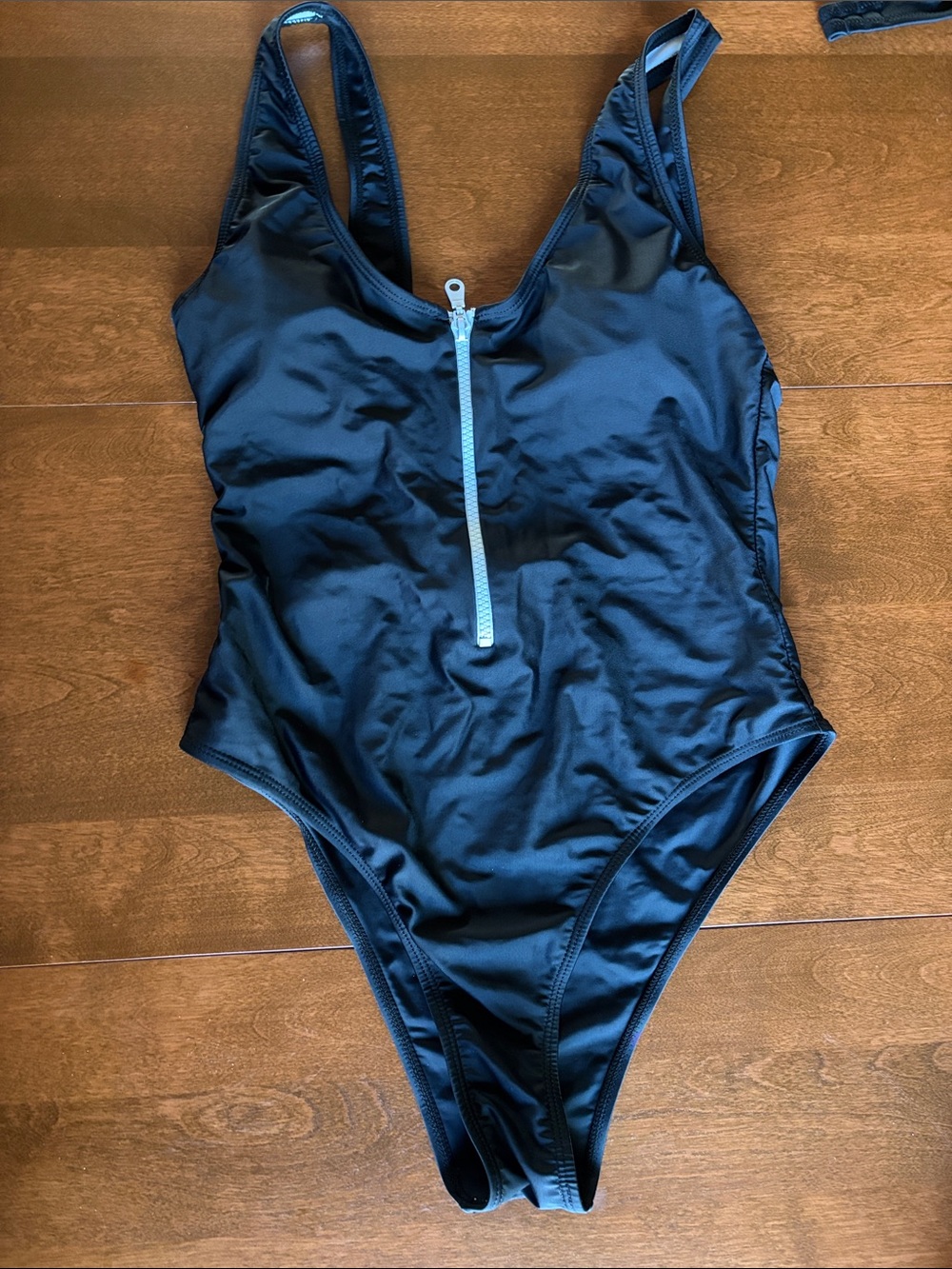 Cheeky, High Leg, Black Front-Zip One-Piece Swimsuit